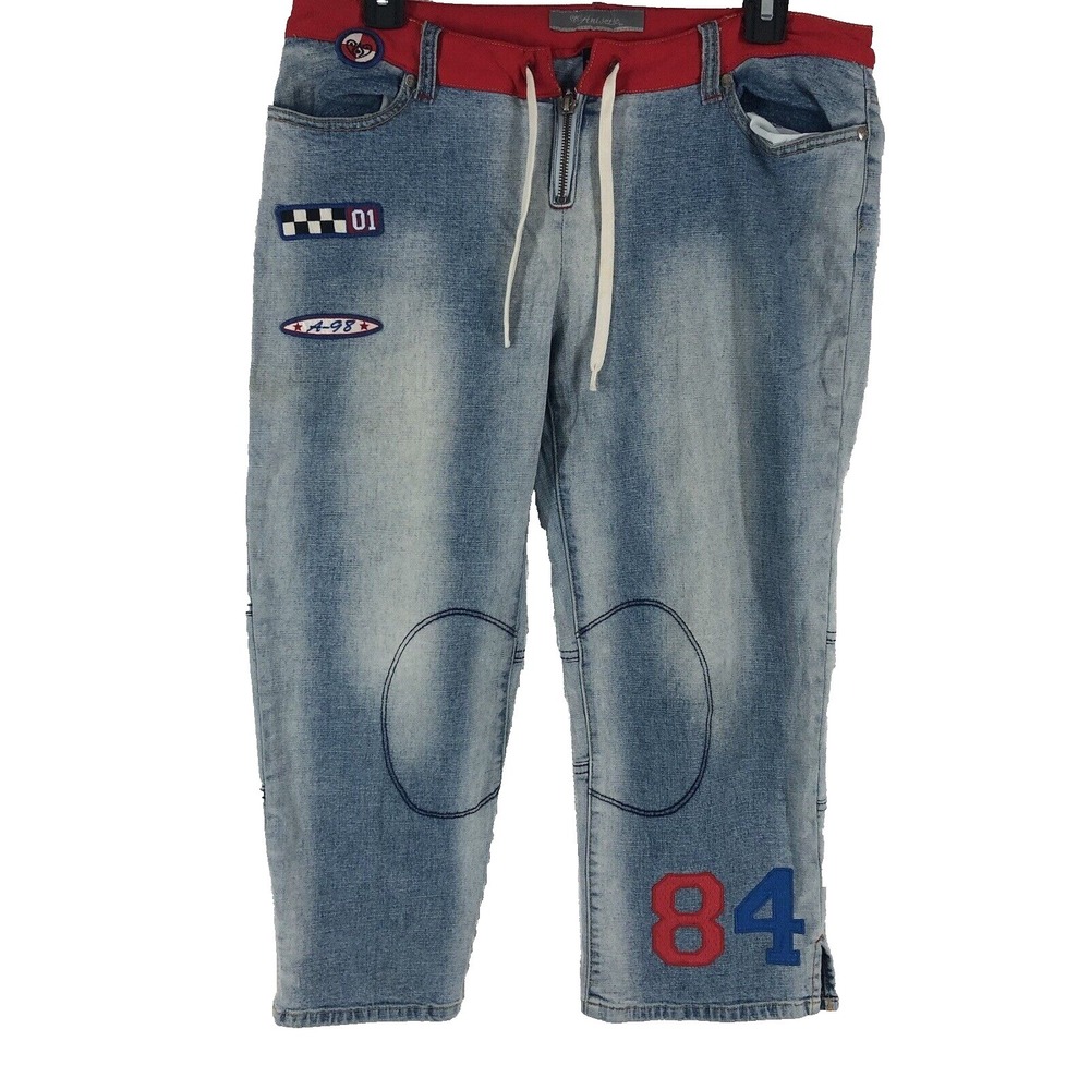 Anisette jeans juniors 9 blue denim designer patches‎ 84 Hip Hop Crop
